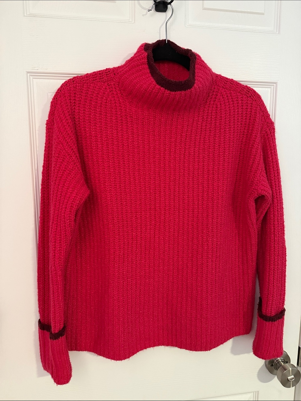 Anthropologie Maeve Hot Pink Ribbed Turtleneck Sweater with Contrast Maroon Trim